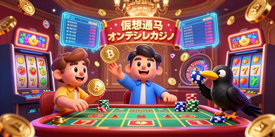 仮想通貨 オンラインカジノでの賭けを楽しむシーン、ビットコインとイーサリアムのコインが舞っている。