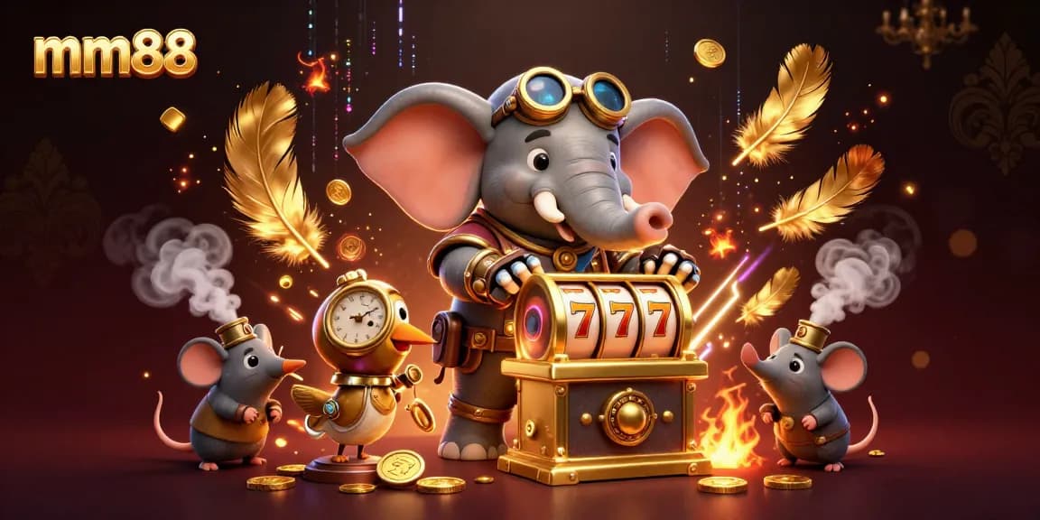 Spin the golden slot machine at mm88's festive gaming scene with steampunk characters.