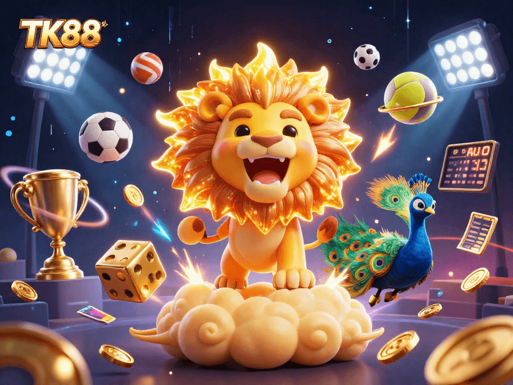 Experience thrilling wins with TK88 as a sun lion roars triumphantly among dynamic sports elements.