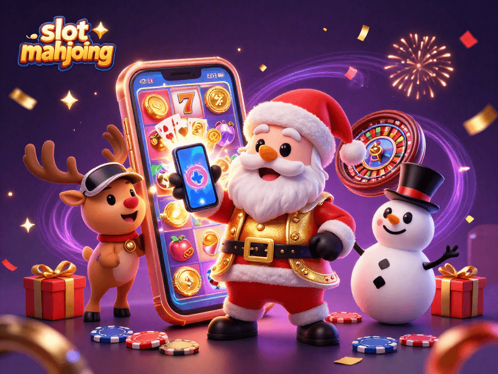 Slot mahjong menampilkan Santa Claus kartun 3D dan teman-temannya di kasino bersinar.