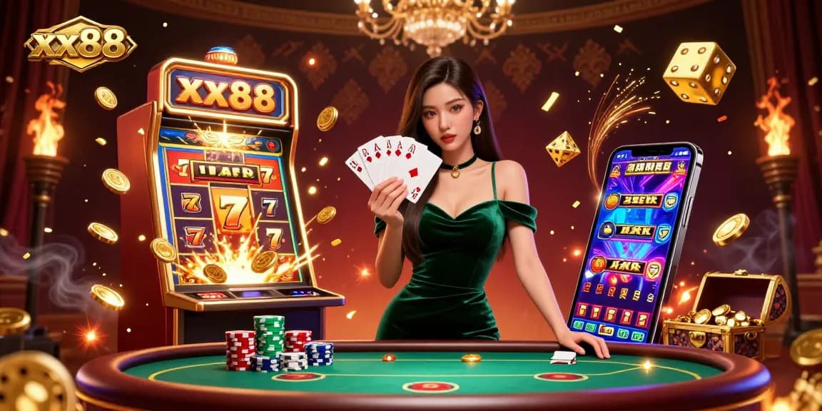 Win big at xx88 with a stunning Asian woman holding poker cards at a luxury table amid a jackpot explosion.