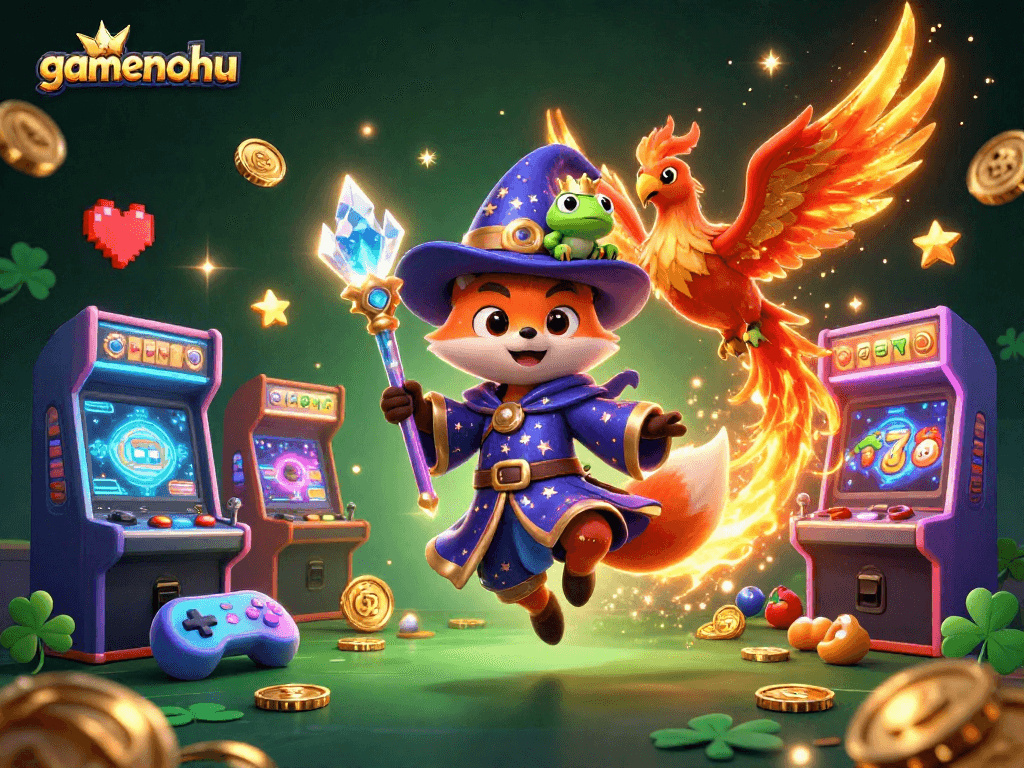 Experience gamenohu's dynamic gaming world with a mystical fox wizard and fiery phoenix, showcasing vibrant slot elements.