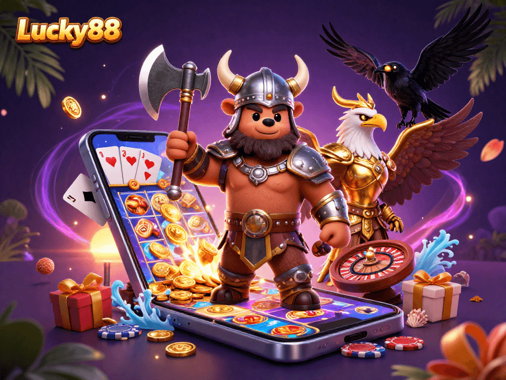 Experience the excitement of Lucky88 with a Viking and Valkyrie in this vibrant casino scene.