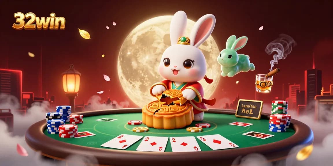 32win's moon rabbit explores a vibrant casino scene, revealing poker chips and game elements throughout.