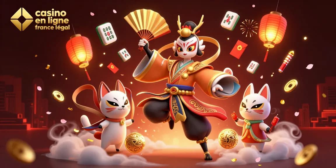 Illustration 3D captivante sur le thème du casino en ligne france légal, présentant des personnages de kabuki et des éléments de jeu.