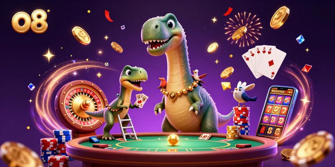 Experience the thrill of o8 casino through dynamic characters and vibrant game elements in this immersive illustration.
