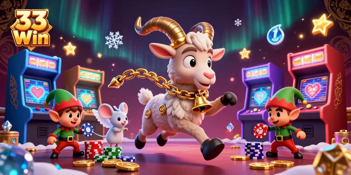 Experience the excitement of 33 Win with a chaotic holiday-themed casino scene filled with whimsical characters.