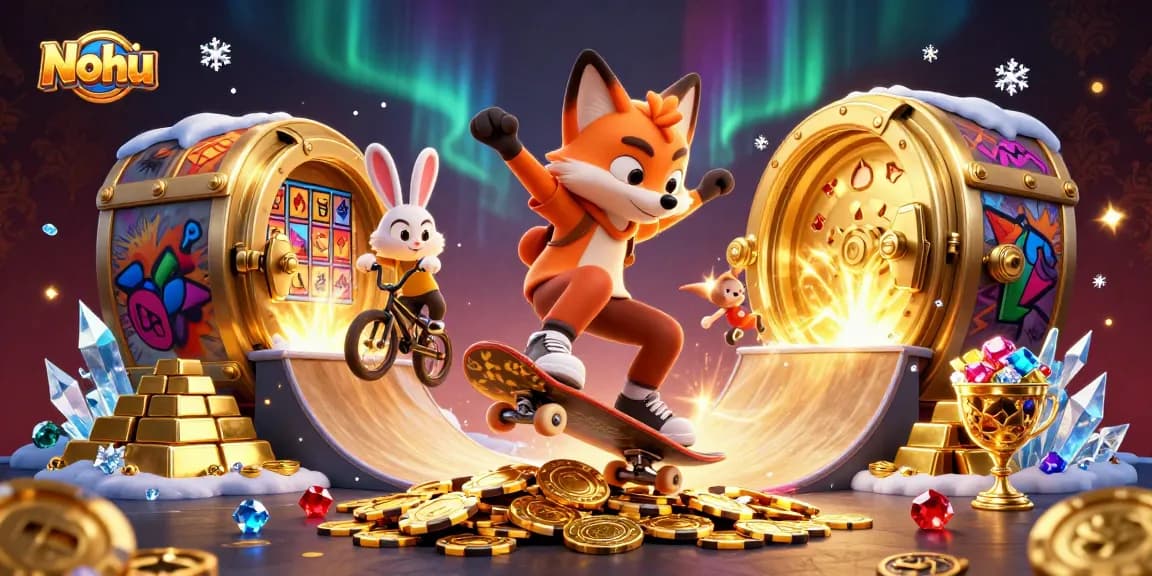 Nohu showcases thrilling jackpot wins in a vibrant casino-themed illustration.