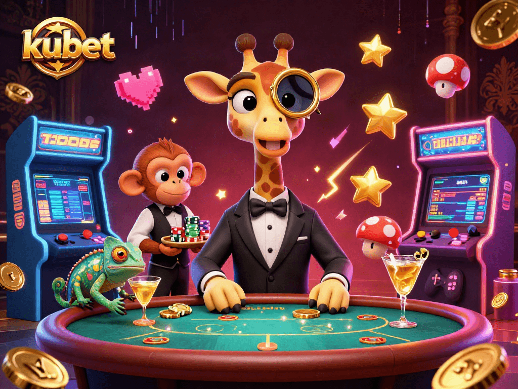 Kubet high-roller giraffe playing poker alongside a monkey valet and chameleon bartender in vibrant casino scene.