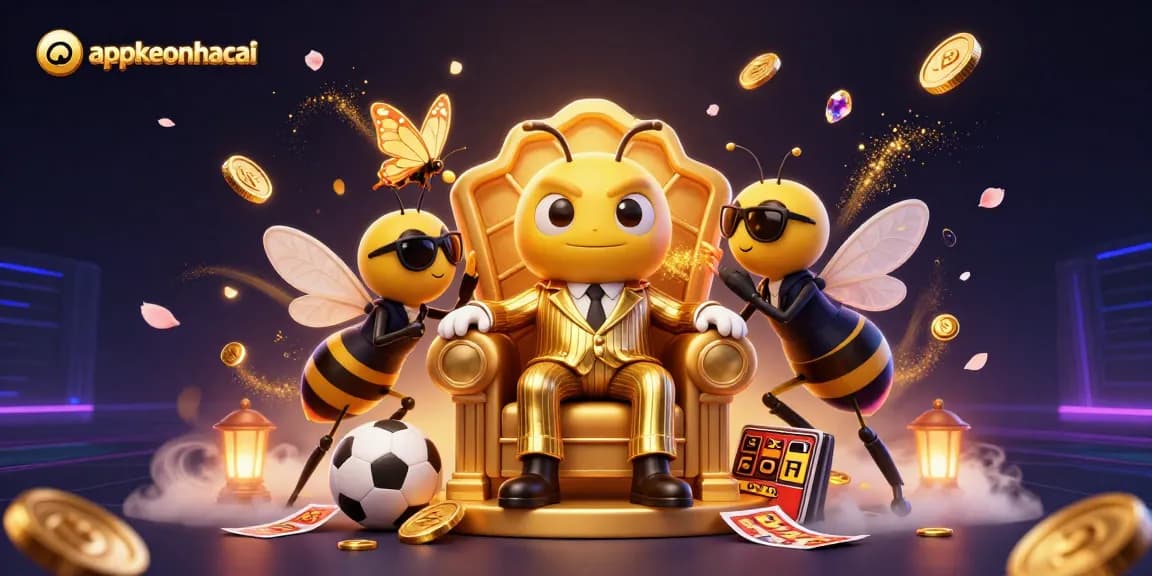 appkeonhacai showcases dynamic sports betting elements amid vivid gold coins and cartoon characters.