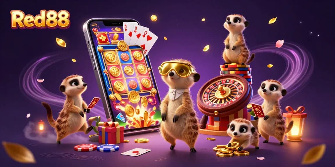 Experience the excitement of Red88 with meerkats managing a vibrant casino scene.