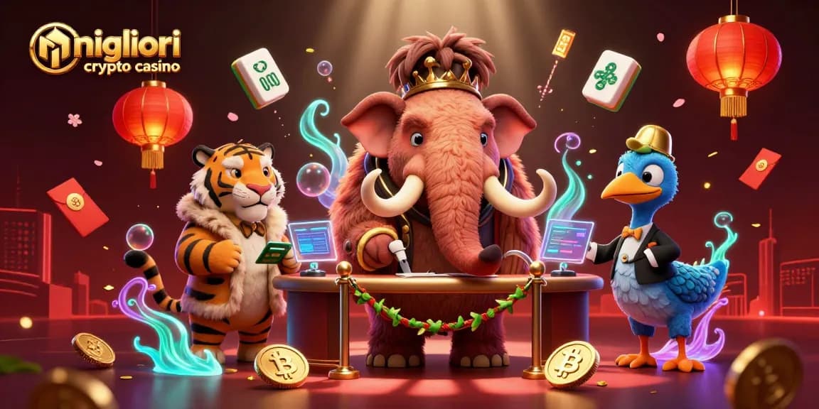 Migliori crypto casino: mammut e tigre che controllano l'ingresso tra simboli di vittoria e fortuna.