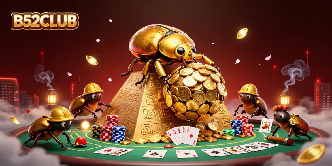 Experience the thrill of B52CLUB with a cartoon beetle rolling golden coins, surrounded by poker elements and dynamic casino symbols.