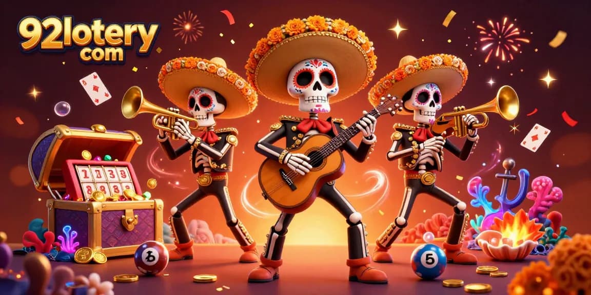 Experience the vibrant world of 92lottery com with a dynamic illustration of a Dia de los Muertos mariachi band, celebrating and winning.