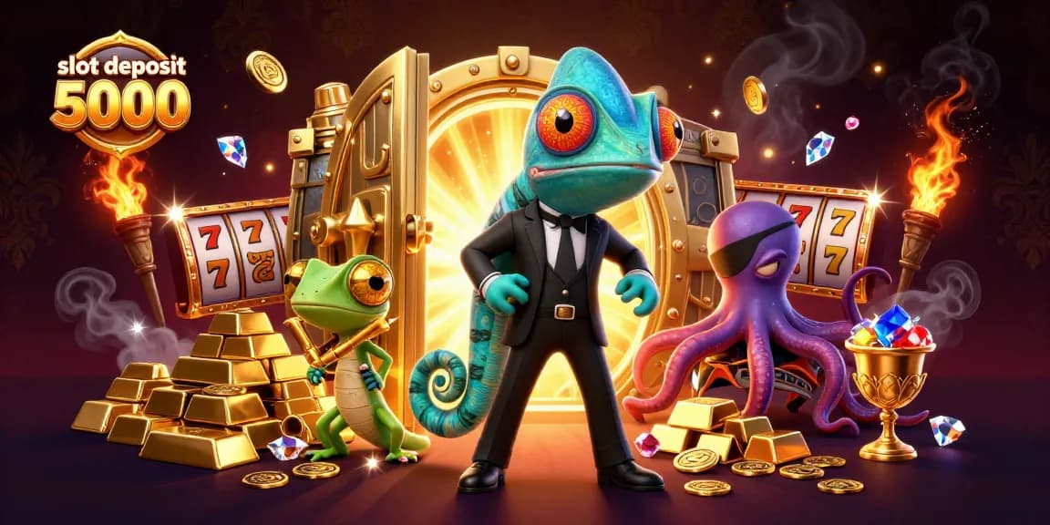 Experience winning with slot deposit 5000 in a vibrant 3D casino scene filled with treasures.