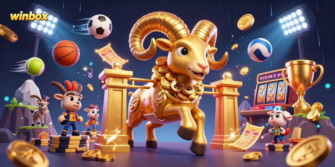 Experience excitement at winbox with a 3D illustration of a golden ram amidst dynamic sports betting elements.