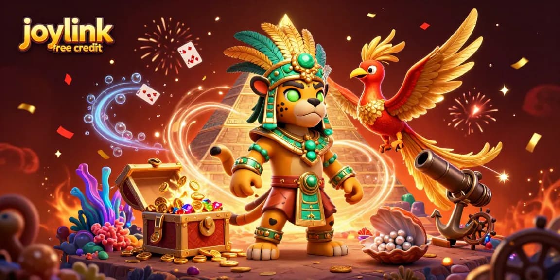 Engage with joylink free credit and experience stunning 3D casino illustration filled with vibrant gameplay elements.