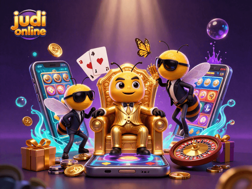 Spin colorful judi online reels with the bumblebee mob boss in a highly detailed casino scene.