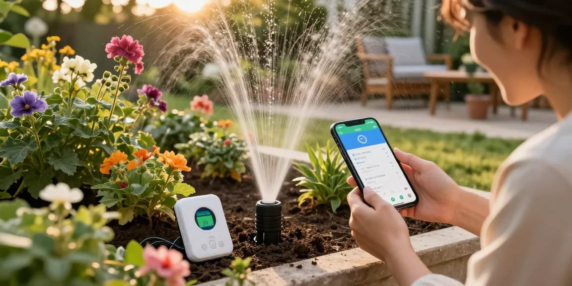 Person setting up a wifi sprinkler controller in a vibrant garden, showcasing modern irrigation technology.