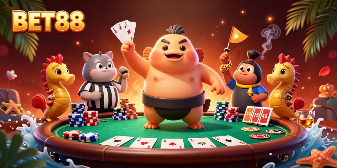 Engage in thrilling poker action at BET88 with a vibrant underwater casino scene featuring colorful characters.