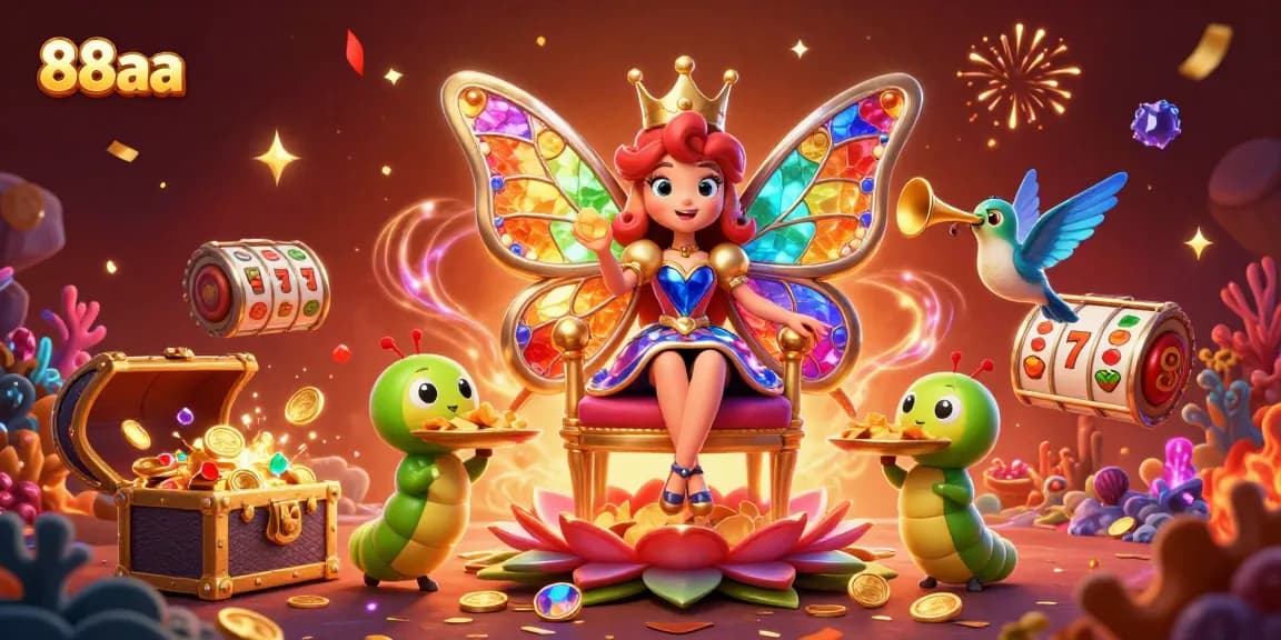 88aa illustrates a vibrant casino scene with a butterfly queen, vibrant slot reels, and dynamic energy.