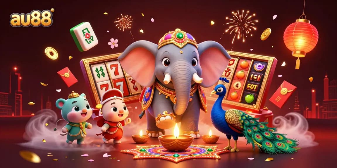 Play exciting slot games at au88, featuring vibrant characters and rich casino elements.