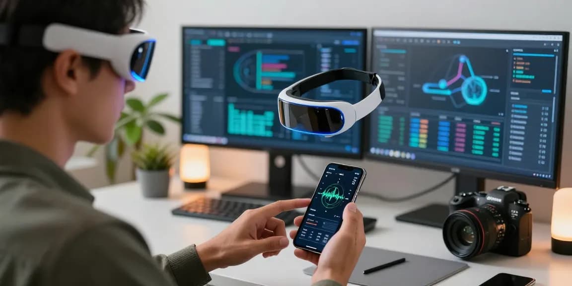 Individual using AI wearables in a modern workspace, showcasing health metrics and analytics data.