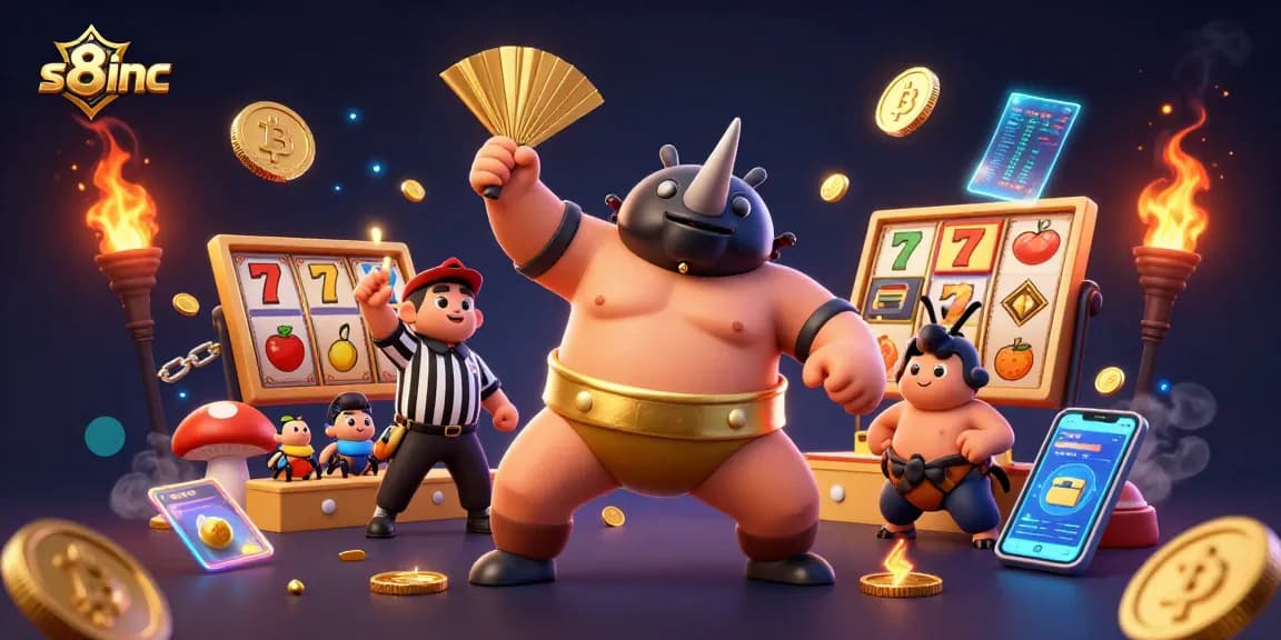 Experience the excitement of s8inc with a sumo beetle champion unleashing golden jackpot coins in a vibrant casino.