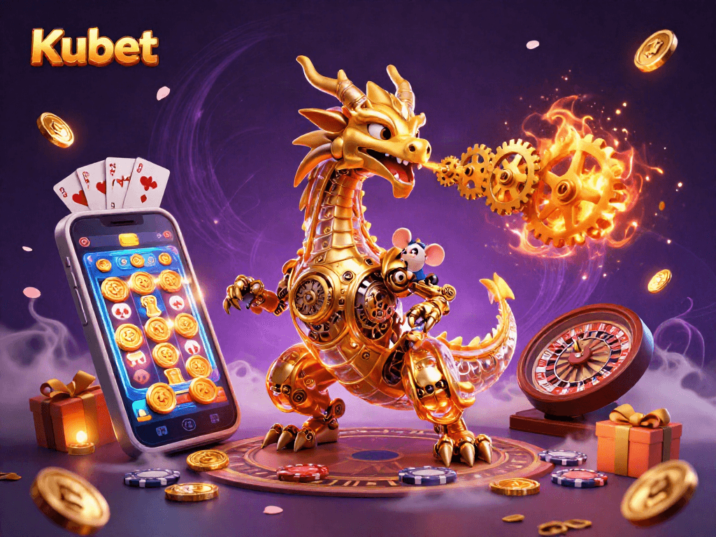 Kubet showcases a dynamic scene with a golden dragon, gaming elements, and a tiny mouse engineer amid vibrant casino themes.