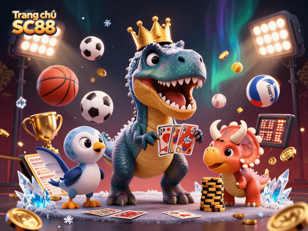 Engage with the excitement at Trang chủ SC88 featuring whimsical cartoon dinosaurs in a dynamic gambling scene.