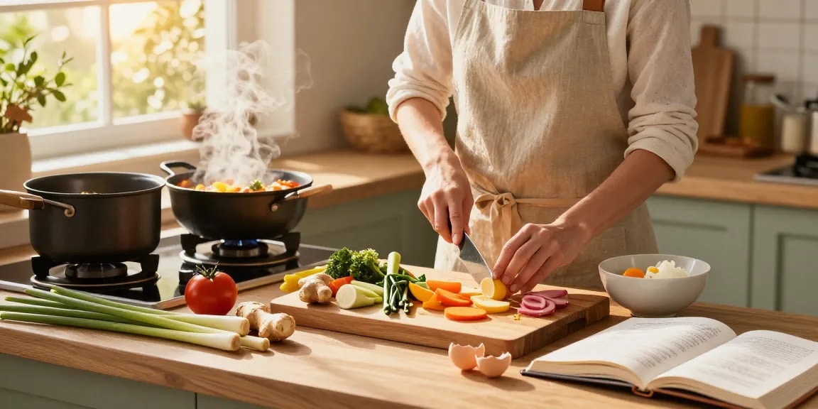 Woman preparing nutritious meals in kitchen with fresh ingredients like ginger and lemongrass, showcasing สล็อต cooking inspiration.