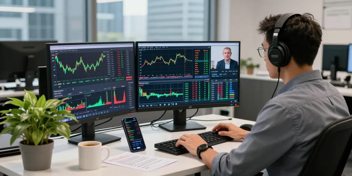Trader engaged with MetaTrader 5 on multiple screens in a vibrant office.