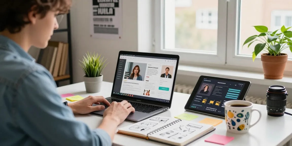 Motchill workspace with individual focused on digital content creation, colorful notes, and analytics displayed.