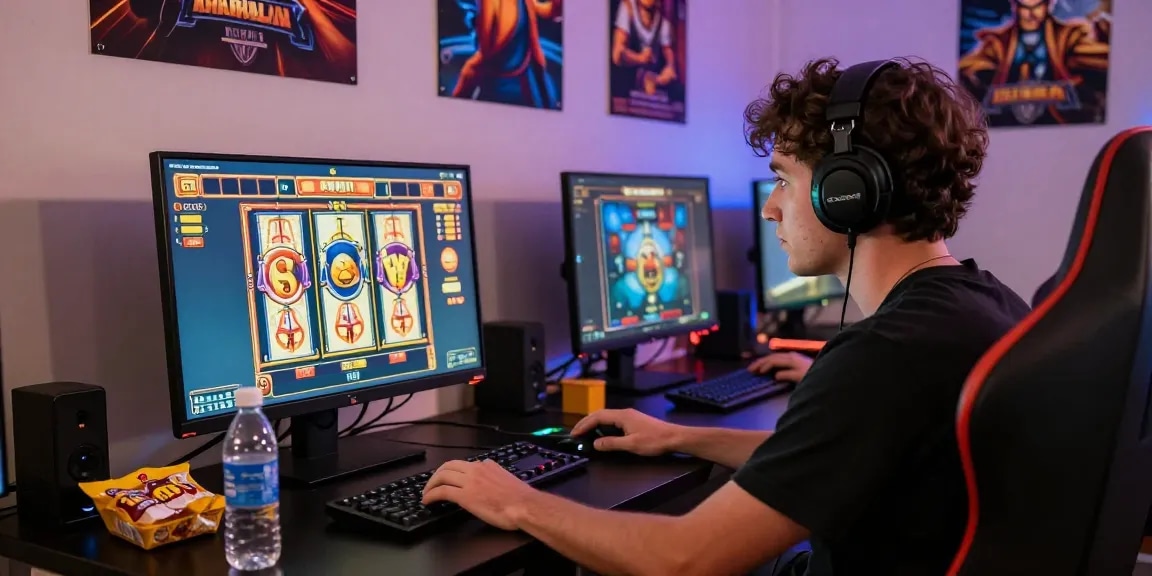 Engaging player enjoying link slot games at a vibrant online gaming setup, illuminated by colorful screens.
