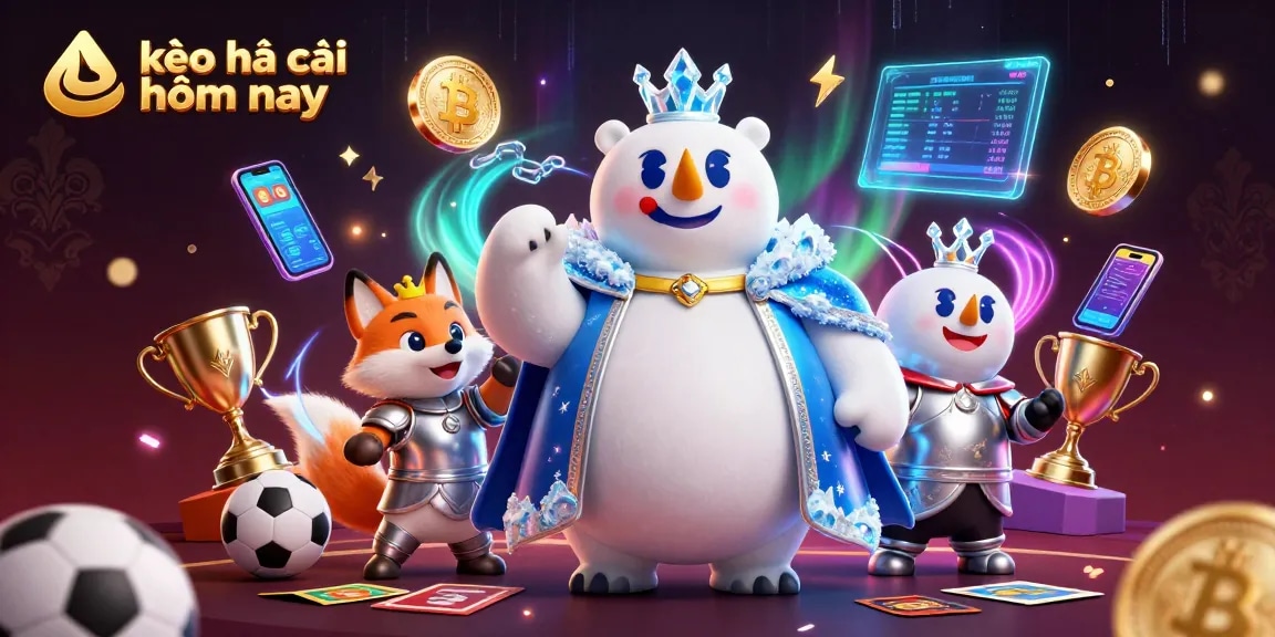 Engage with kèo nhà cái hôm nay through a vibrant, energetic illustration featuring a polar bear and silver armored snow fox amid neon crypto elements and sports betting symbols.