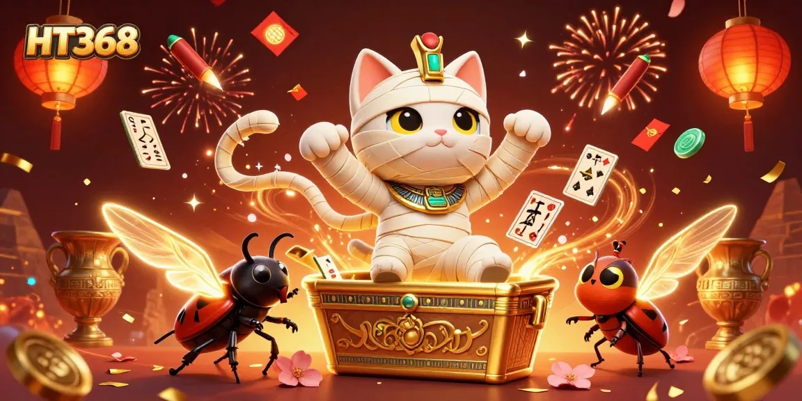 Experience thrilling gameplay with HT368 in a vibrant casino scene featuring an Egyptian mummy cat.