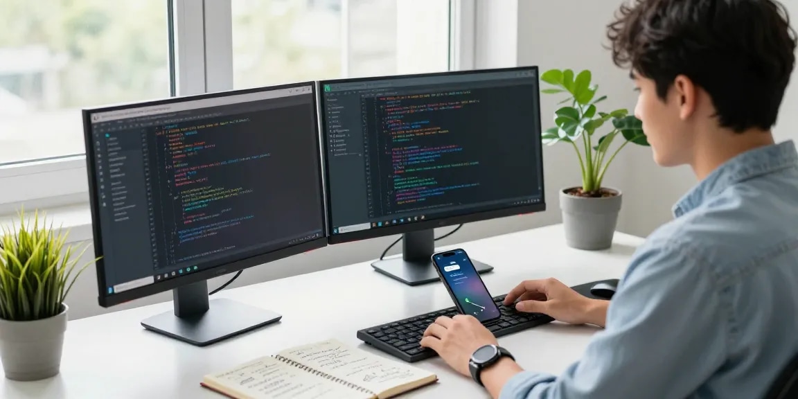 Using WhatsApp網頁版 on a desktop with dual monitors and a smartphone in a modern office
