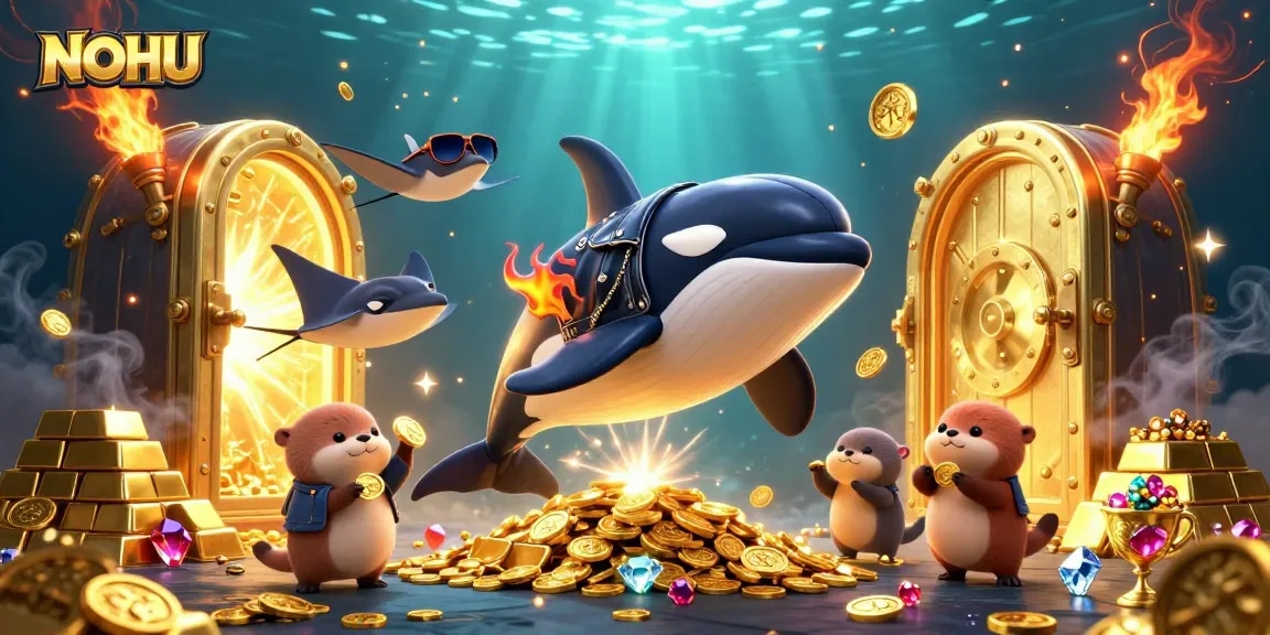 Experience the thrill of NOHU casinos with an orca, stingray, and otters amidst treasure.