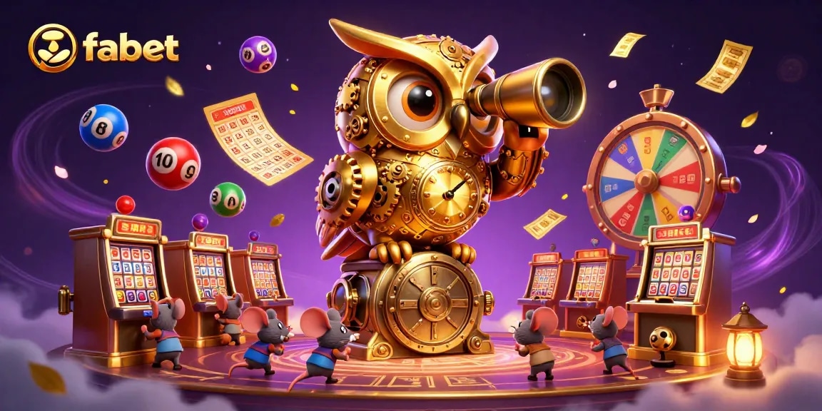 Experience the fabet casino magic with a dynamic scene featuring a golden owl and lively gaming elements.