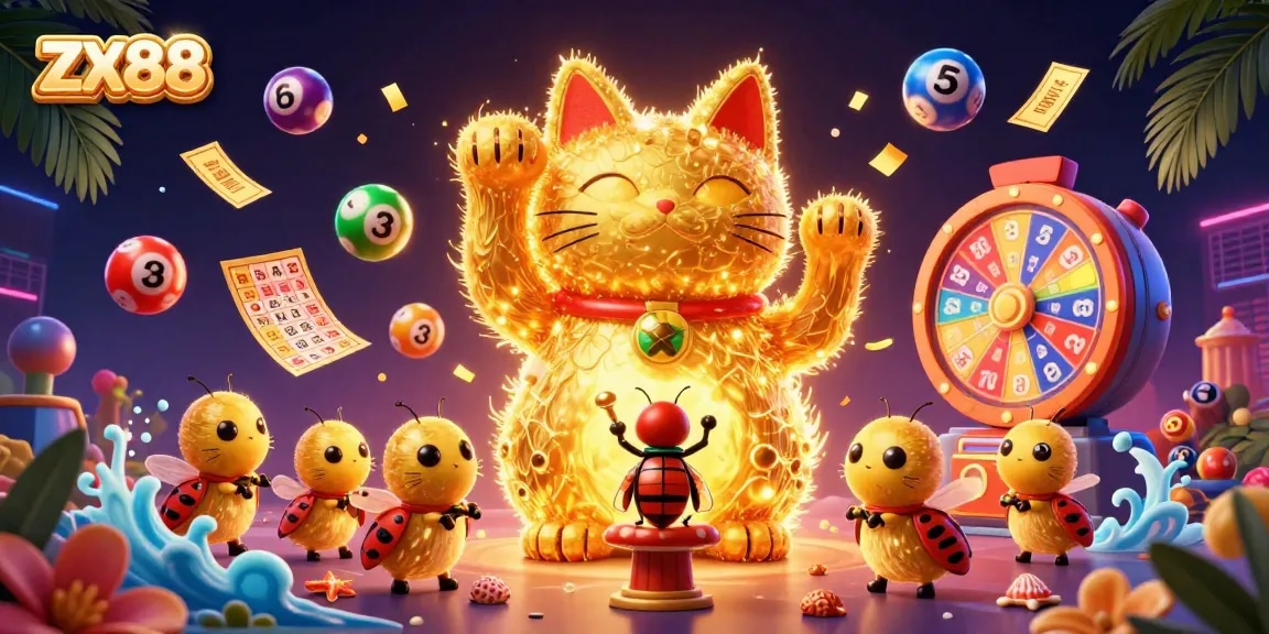 Experience dazzling gameplay at ZX88 with a golden lucky cat and vibrant casino symbols.