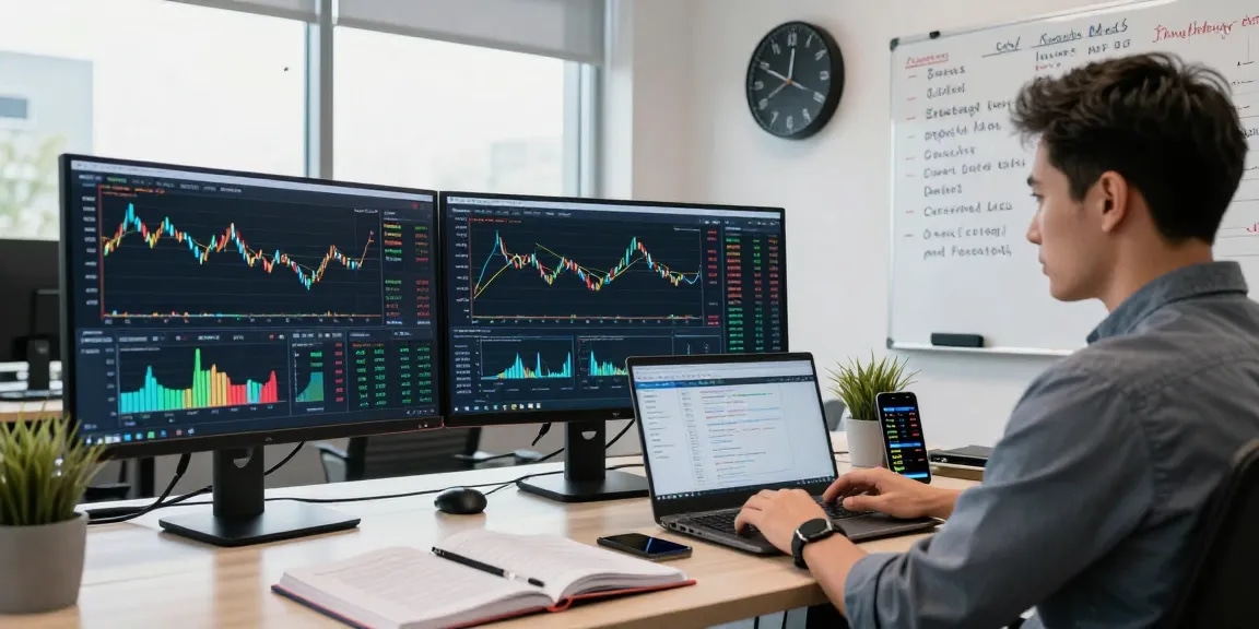 Trader analyzing MetaTrader 5 charts and indicators in a professional workspace