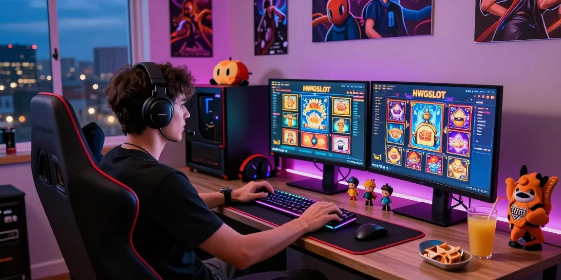 Gamer immersed in HWGSLOT gaming experience with vibrant setup and multiple monitors.