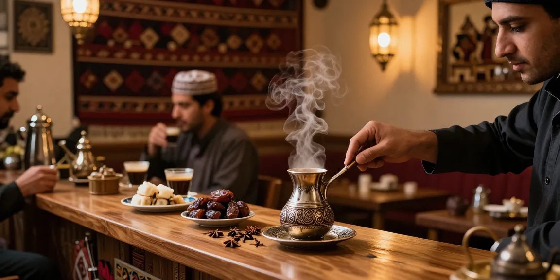 قهوجي يحضر القهوة العربية في مقهى تقليدي مع مشهد دافئ وتراثي