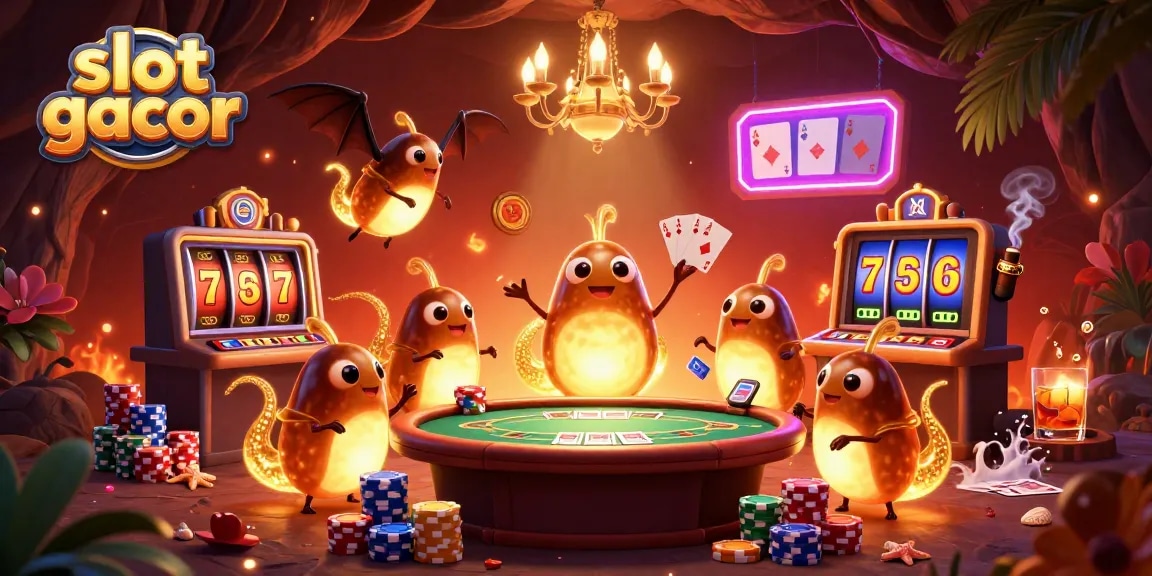 Experience vibrant slot gacor action with glowworms illuminating a lively cave casino scene.