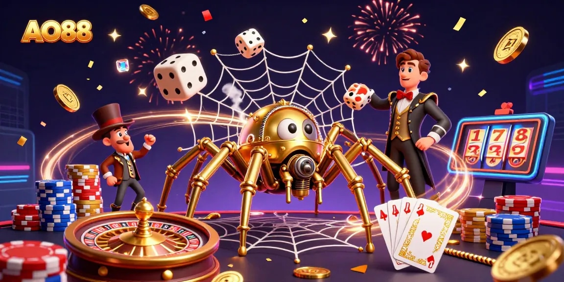 Experience the thrill of AO88 with a steampunk spider and immersive casino elements