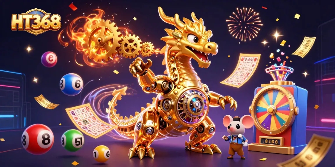 Engage with HT368 in an exciting casino scene featuring a golden dragon, colorful lottery elements, and festive visuals.
