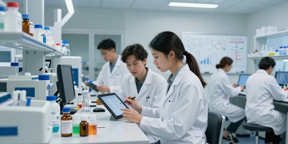 Research team analyzing high-purity peptides and SARMs at Swiss Chems laboratory.