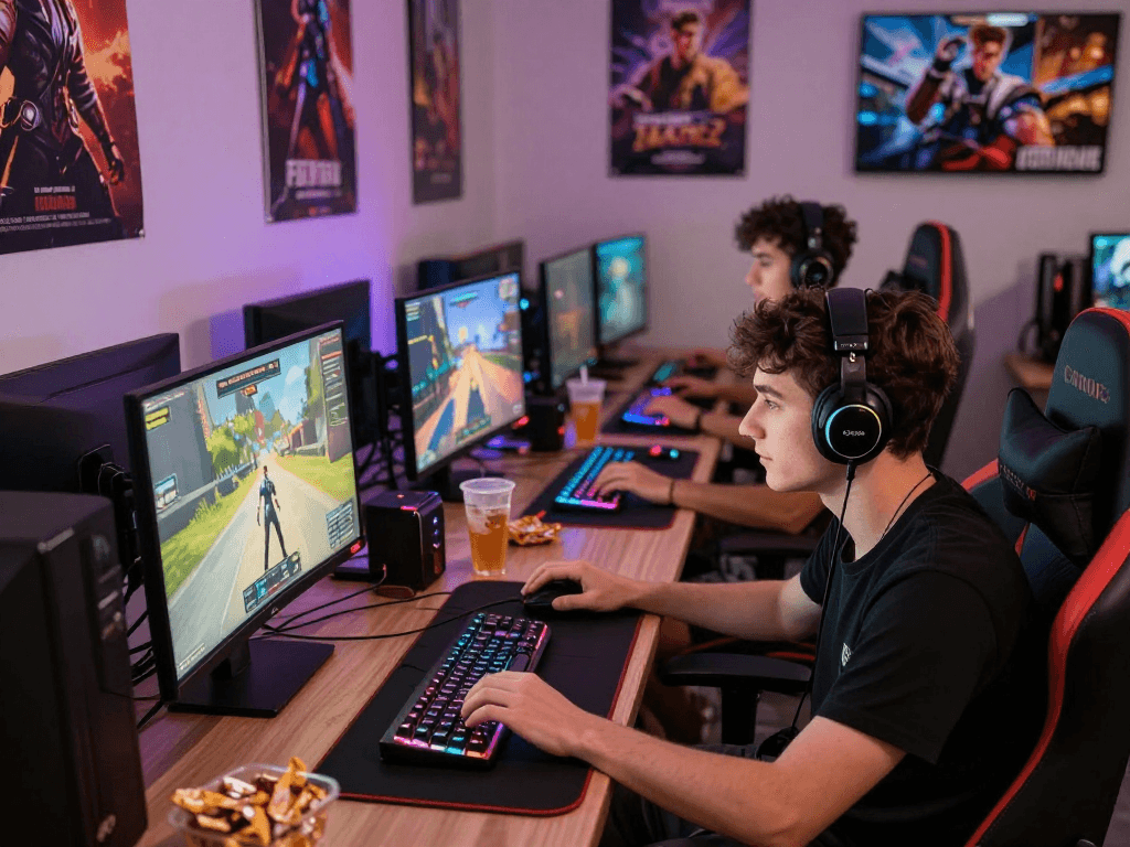 Exciting group playing porn games online at a vibrant gaming setup.