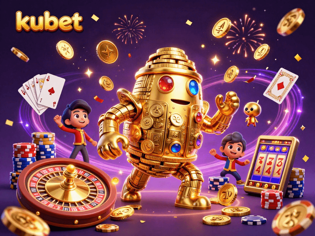 Experience thrilling kubet gaming with a dynamic, celebratory casino scene featuring a golden golem.