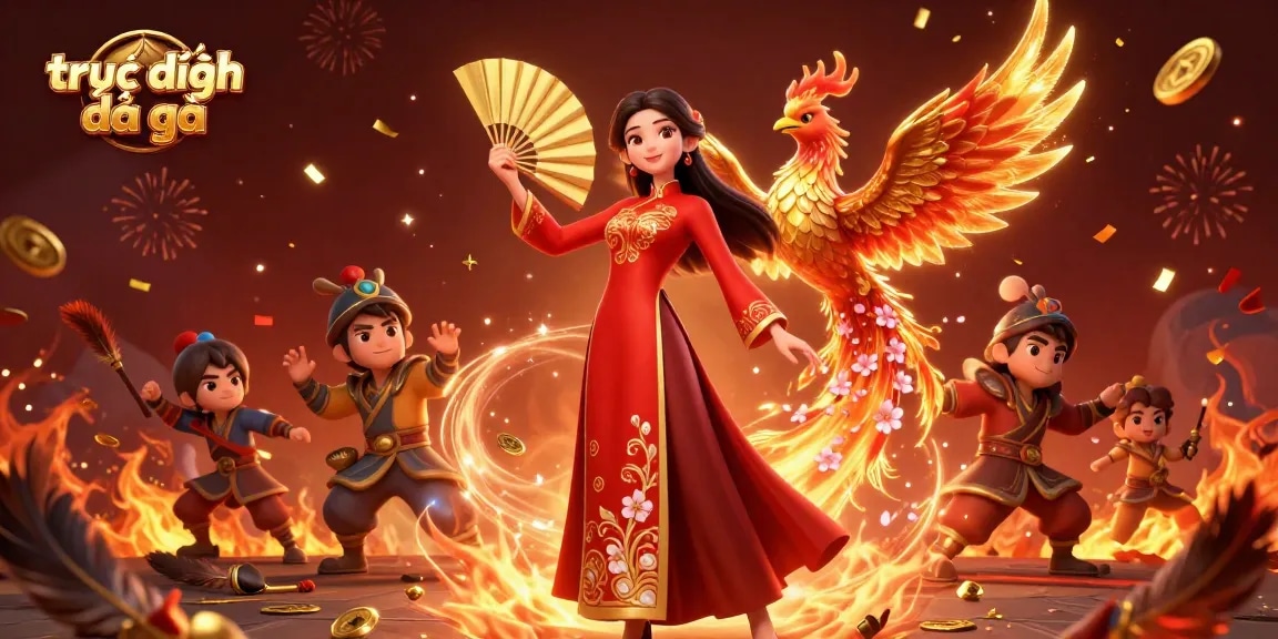 Experience trực tiếp đá gà with the energetic portrayal involving a woman, phoenix, and striking elements of a fighting arena.